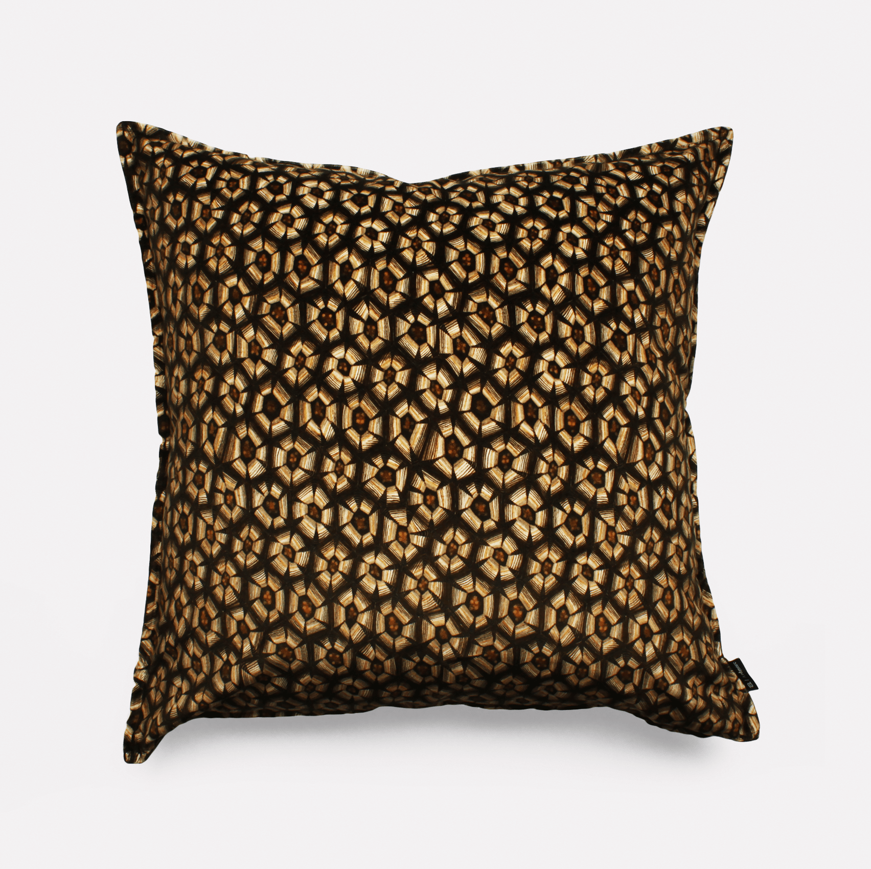 Front view of the Thanda Tortoise Silver Cushion Cover featuring a striking tortoise shell-inspired pattern in golden hues on a black velvet background.
