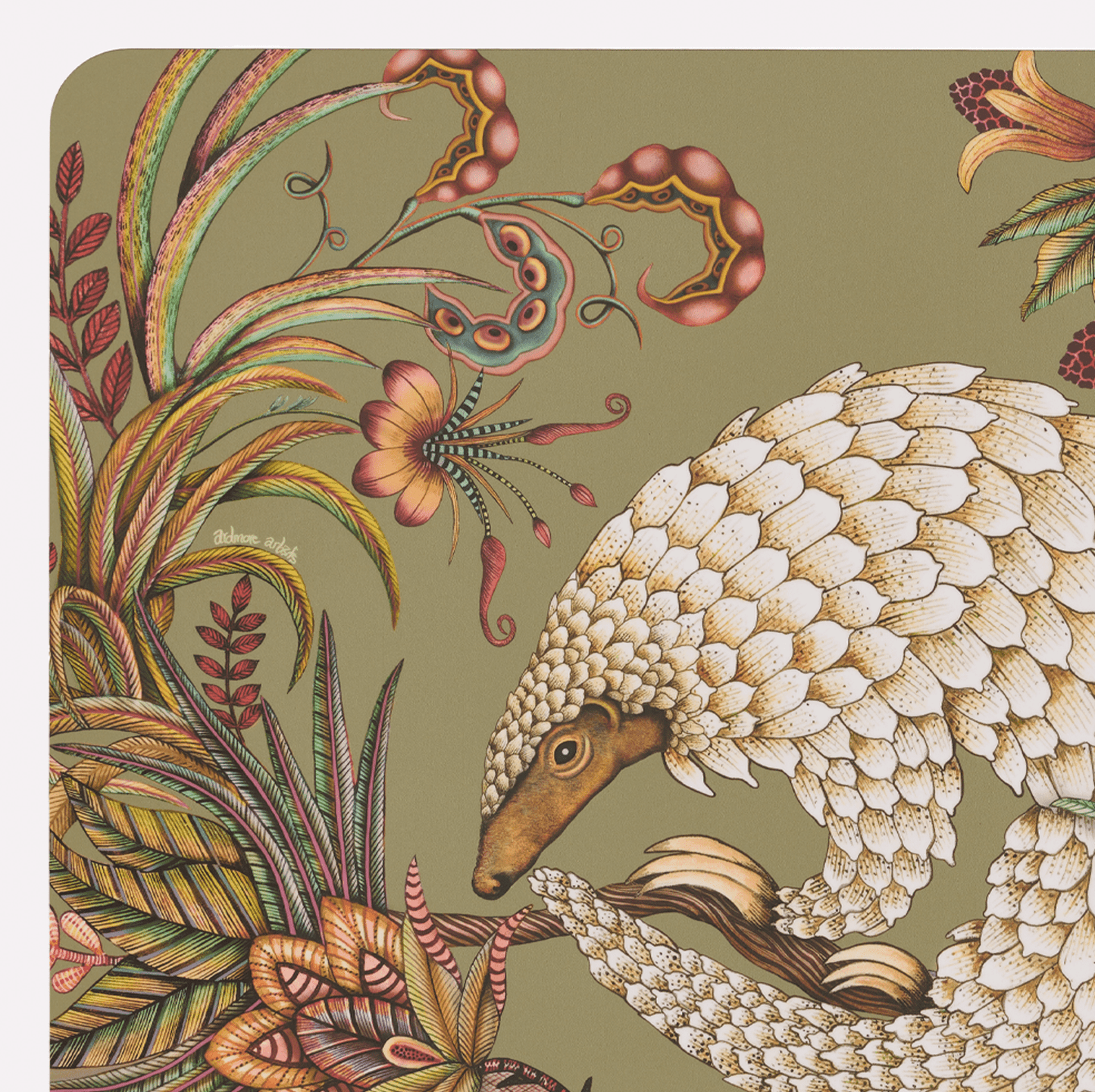 Another corner perspective highlighting the depth and artistic texture of the pangolin and floral patterns.