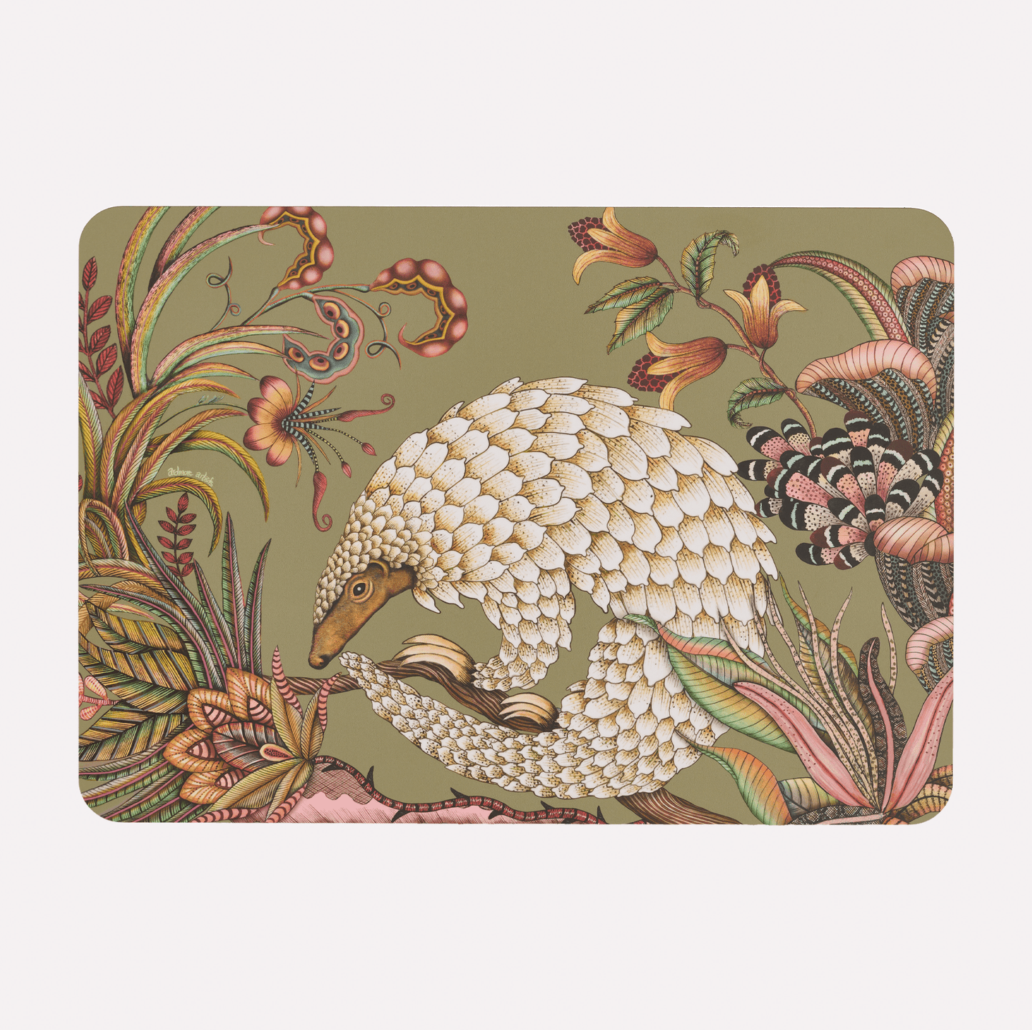 A hardboard placemat featuring a detailed illustration of a golden pangolin surrounded by intricate floral and botanical patterns on an olive green background.