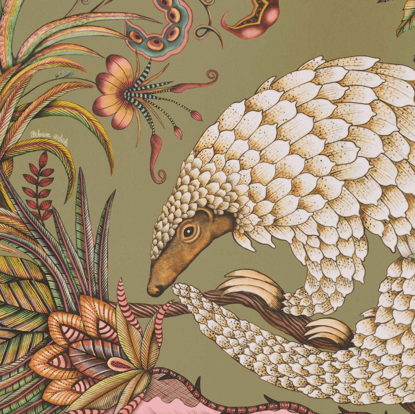 A zoomed-in section of the placemat showcasing the fine details of the pangolin’s scales and the surrounding foliage.