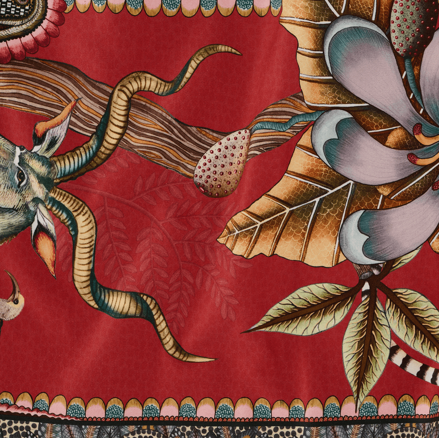 A detailed image capturing the elegance of the table runner’s artwork, featuring lush botanical elements intertwined with hidden wildlife.