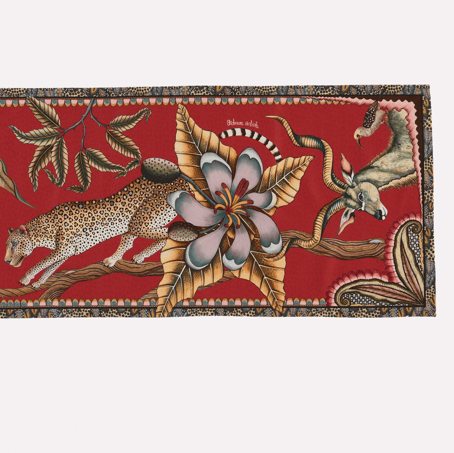 A zoomed-in view showcasing the delicate floral and animal motifs, highlighting the vibrant colour palette and fine craftsmanship.