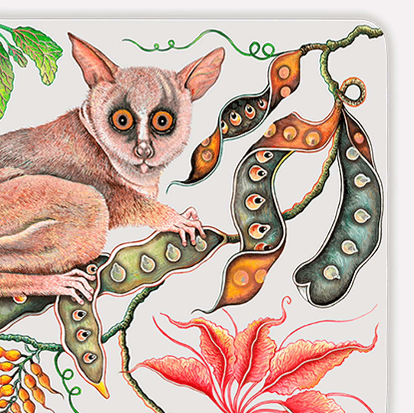 A close-up of the placemat’s design, focusing on the bush baby’s engaging gaze and the surrounding lush greenery and floral elements, highlighting the detailed craftsmanship.