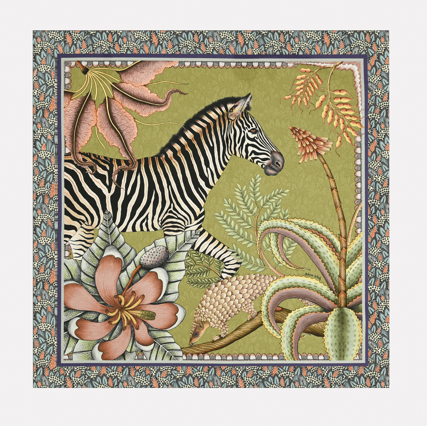 A full view of the Ardmore Thanda Stripe Napkin in Delta, showcasing a detailed artistic depiction of a zebra among lush flora, framed by an intricate border.