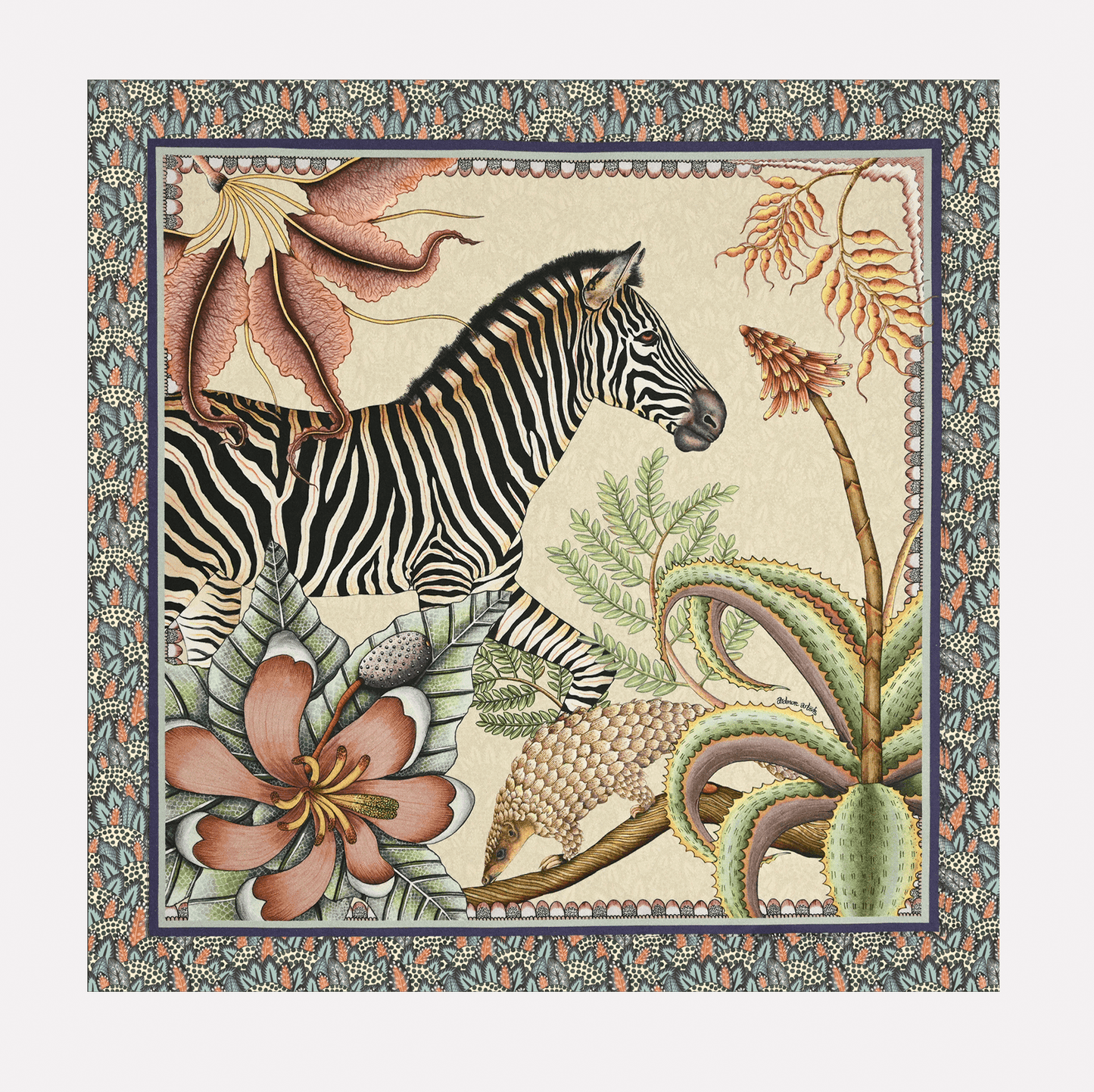 A full view of the Ardmore Thanda Stripe Napkin in Stone, featuring a zebra and pangolin surrounded by lush botanical elements in a detailed border.