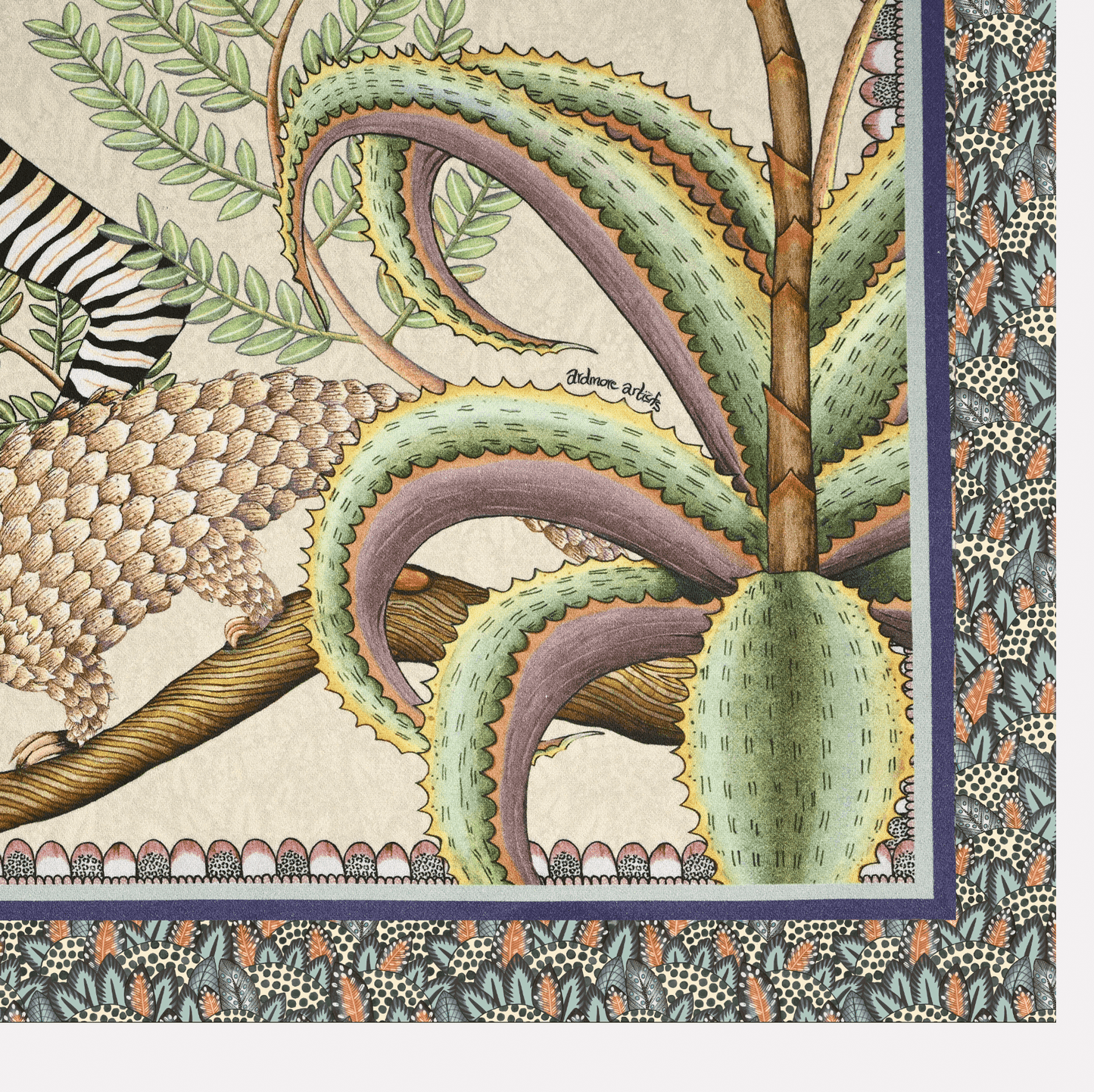 A close-up of the pangolin and surrounding floral details on the Ardmore Thanda Stripe Napkin in Stone, illustrating the artistic craftsmanship.