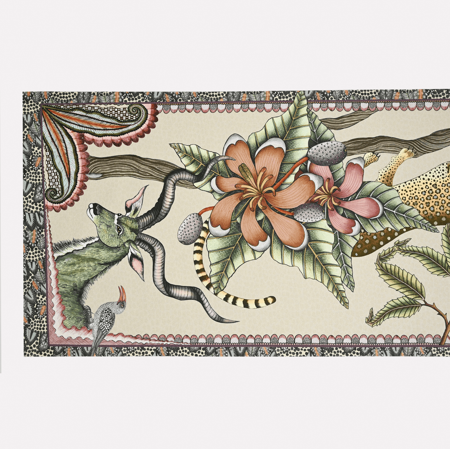 A detailed view showcasing the delicate nature and wildlife motifs, highlighting the fine craftsmanship and muted colour palette.