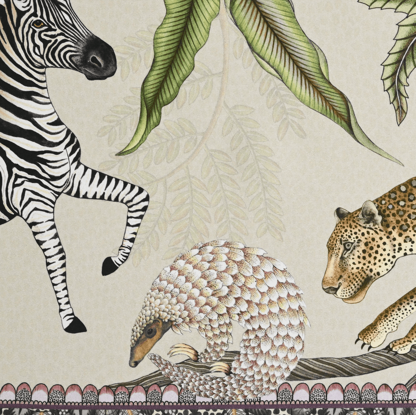 A tightly cropped shot of the table runner, focusing on a finely detailed leopard illustration amid botanical elements.