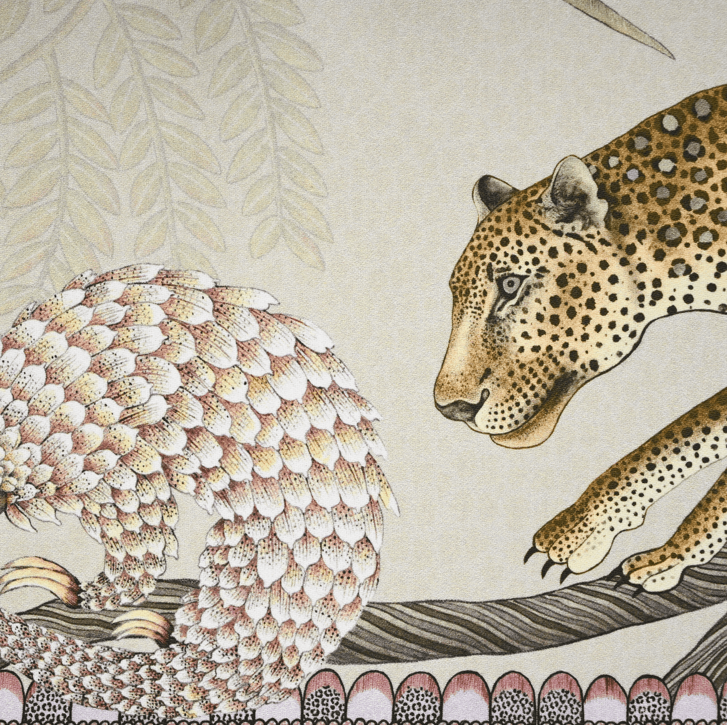 A zoomed-in image capturing a leopard and pangolin illustration woven into the fabric, showcasing the intricate artistry and natural tones.