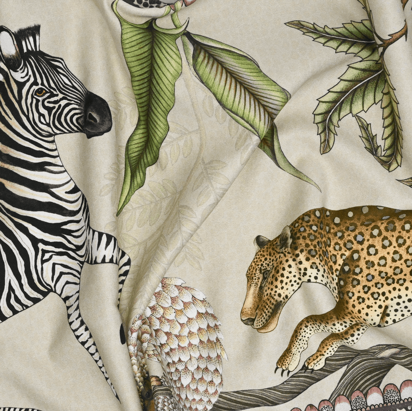 Another close-up highlighting a combination of flora and fauna, including exotic plants and hidden animals in the design.