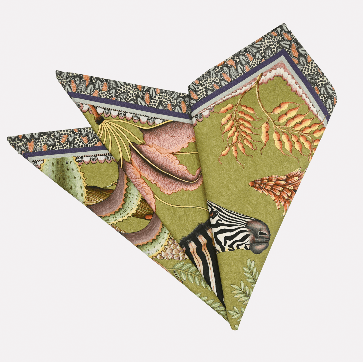 A pair of Ardmore Thanda Stripe Napkins in Delta, elegantly folded into a fan shape, displaying the wildlife-inspired design with a soft green background and rich detailing.