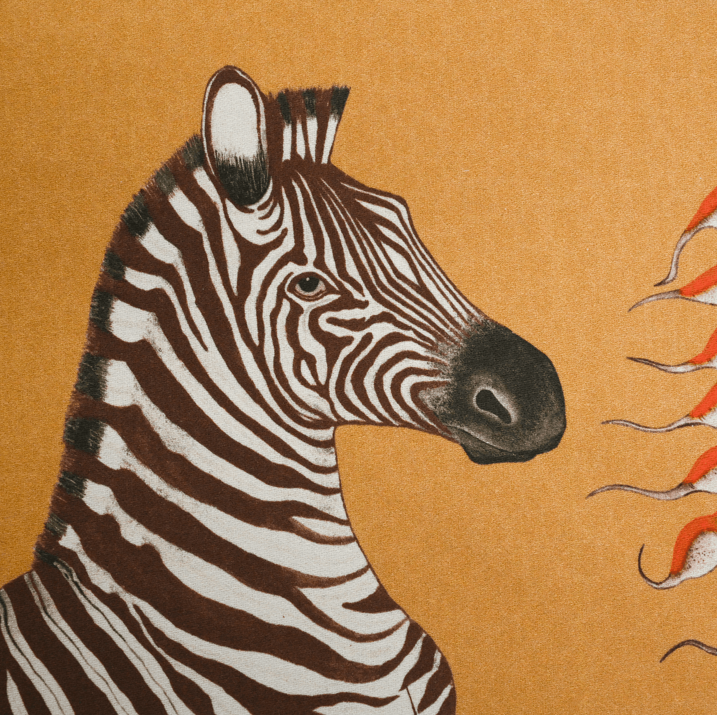 A zoomed-in image capturing the zebra illustration woven into the fabric, highlighting the detailed artwork and earthy tones.