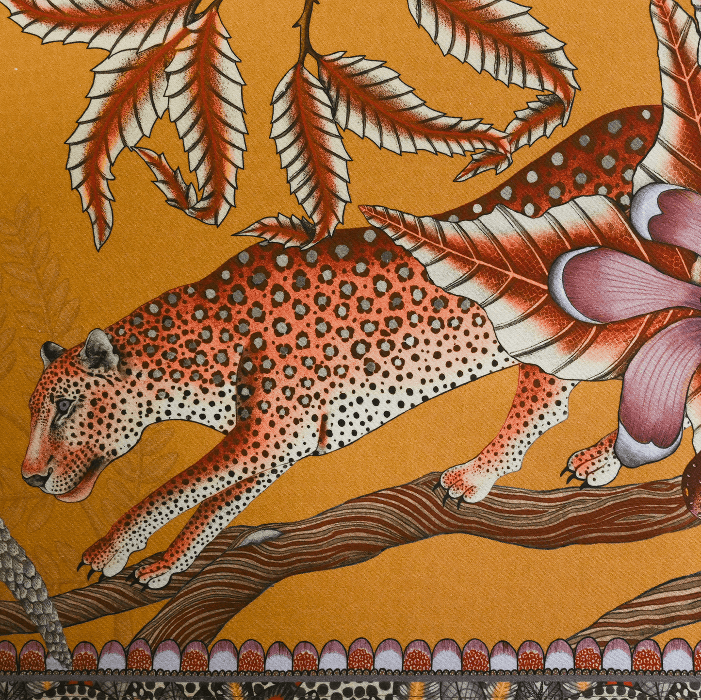 A zoomed-in image capturing the leopard illustration woven into the fabric, highlighting the detailed artwork and earthy tones.