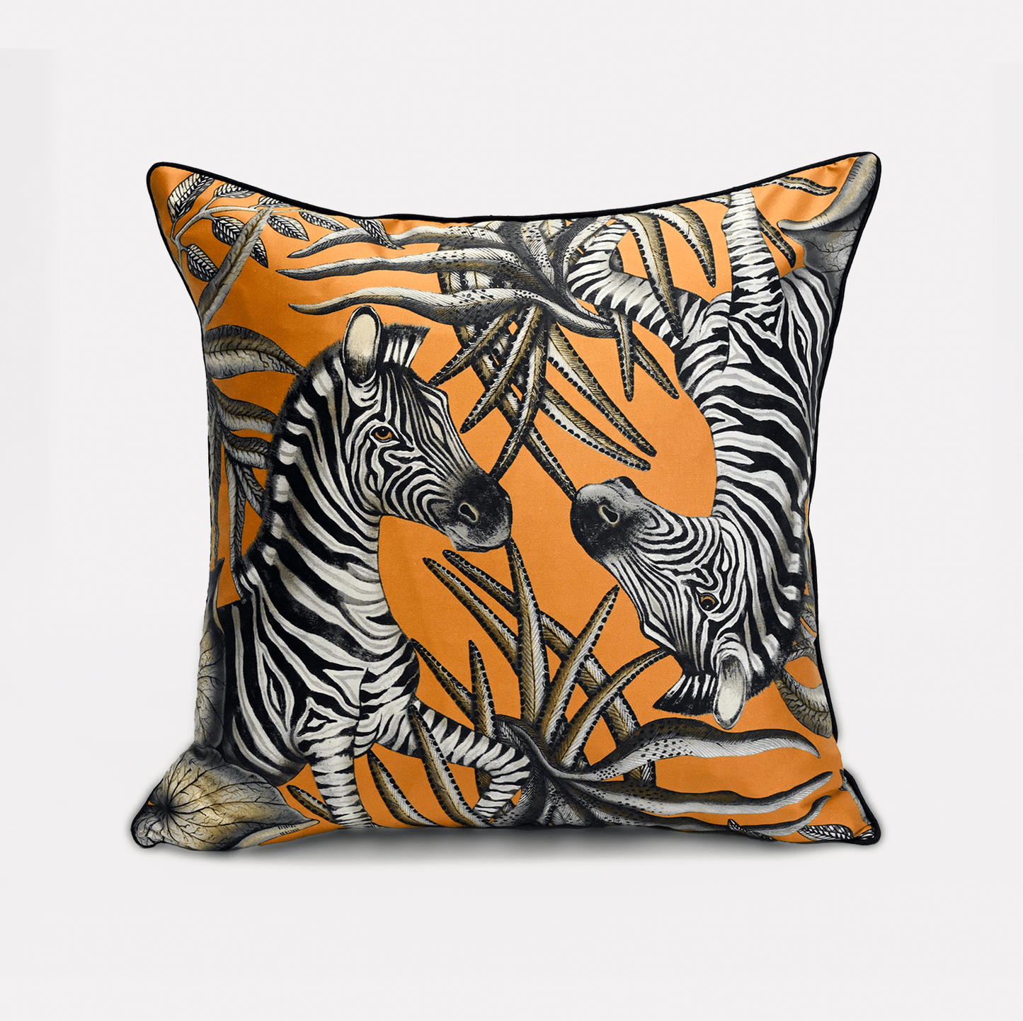 Angled perspective of the Thanda Stripe Flame Silk Cushion Cover, focusing on the vibrant flame colour and intricate zebra-themed artwork.