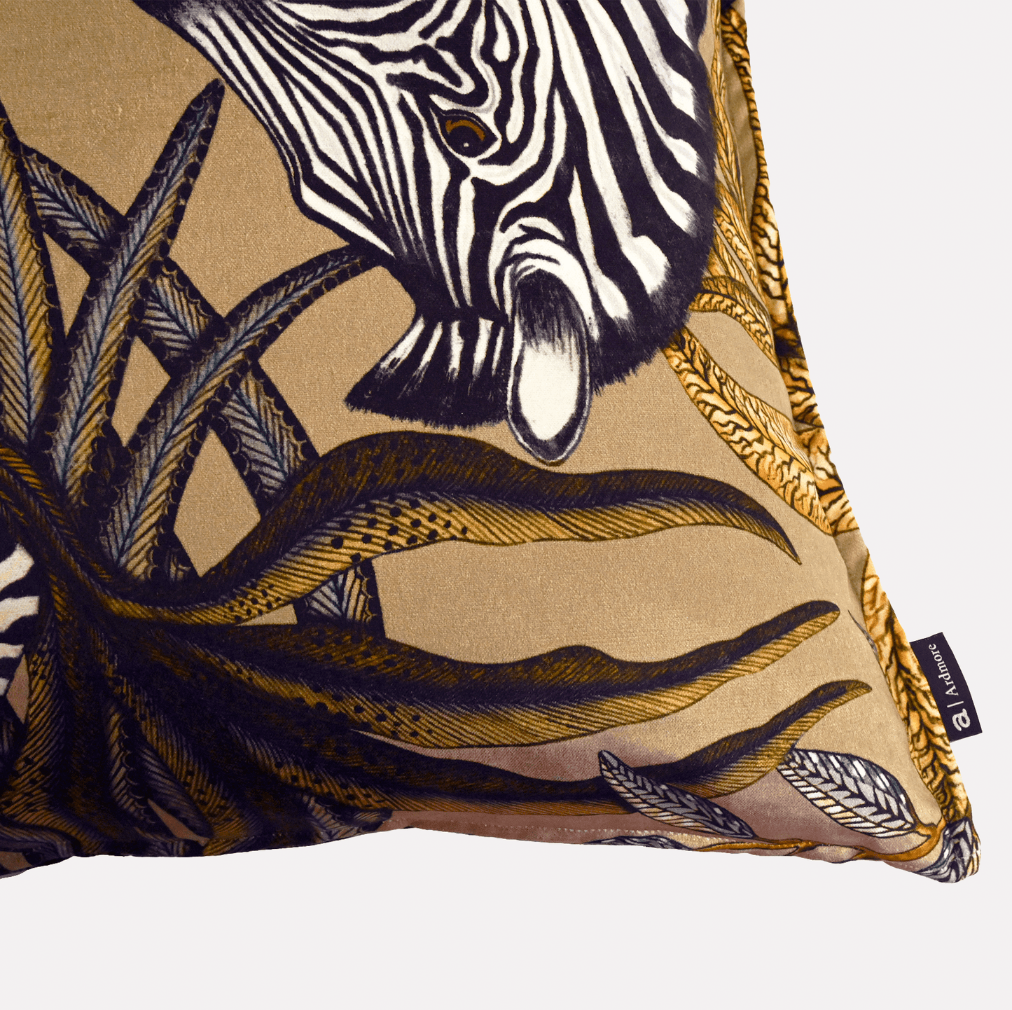 Detailed back view of the Thanda Stripe Savannah Velvet Cushion Cover, capturing the seamless continuation of the artistic design.