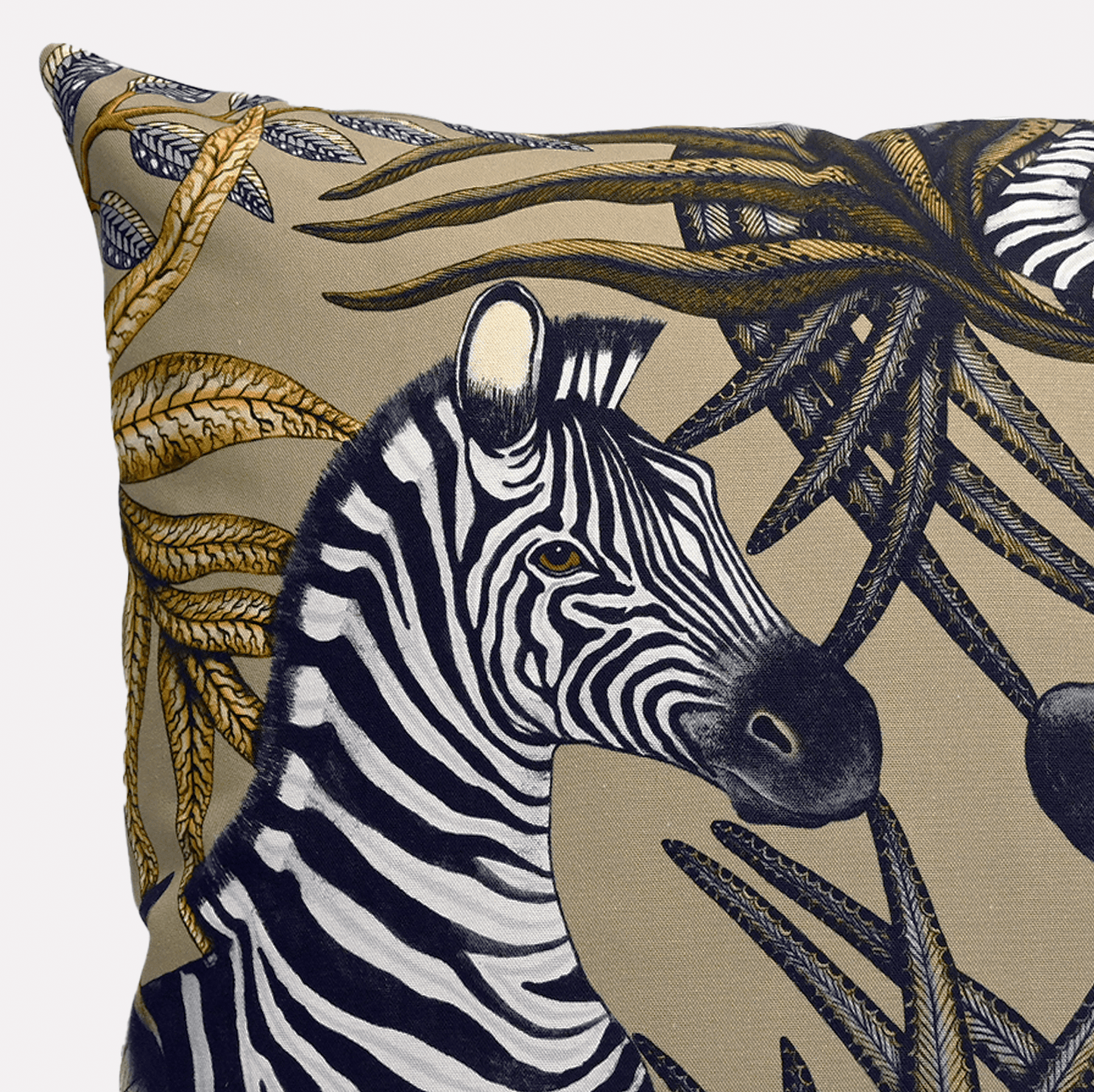 Close-up view of the Thanda Stripe Savannah Cotton Cushion Cover, focusing on the exquisite detailing of the zebra and foliage design.