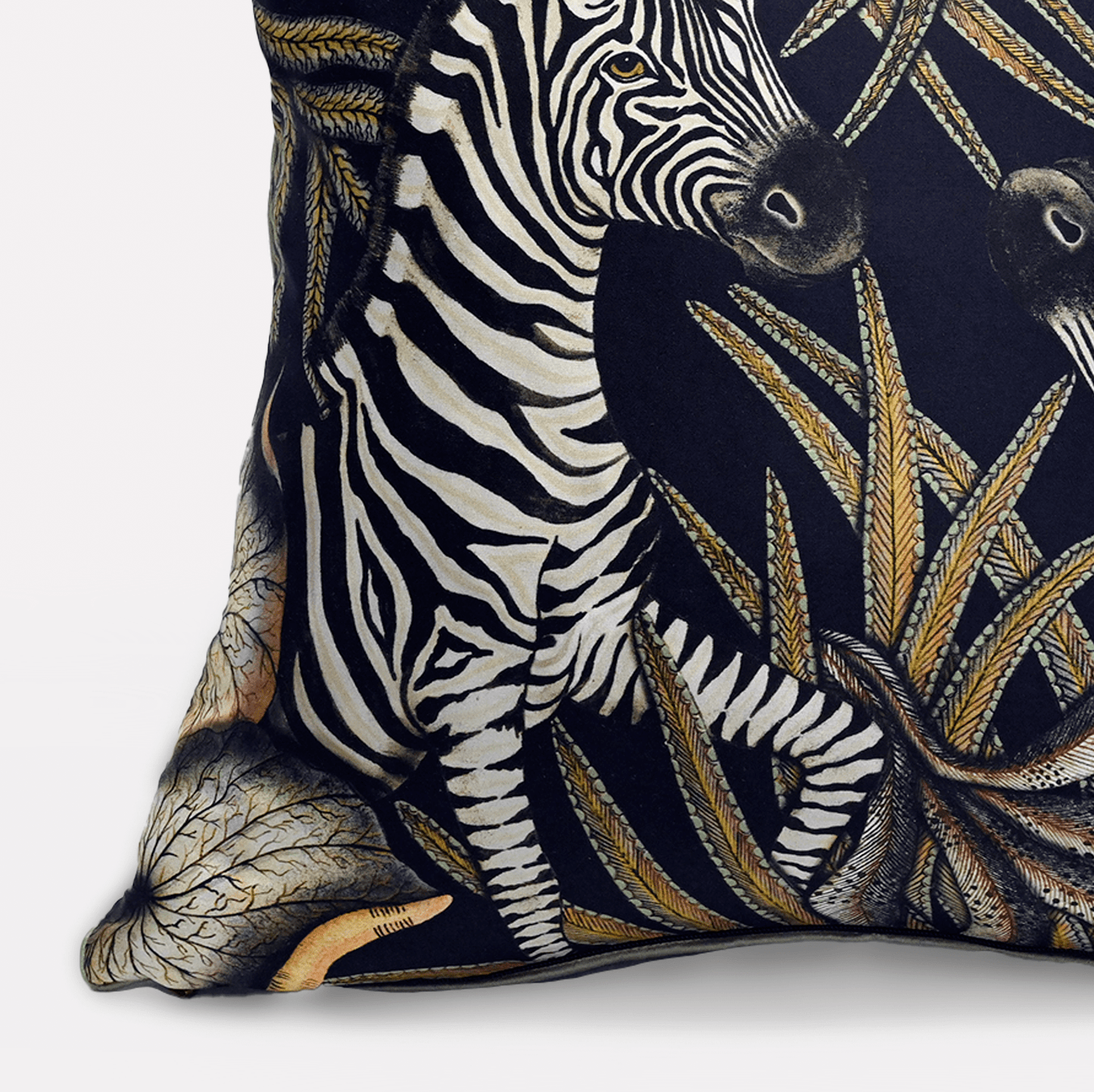 Side view of the Thanda Stripe Night Silk Cushion Cover highlighting its detailed double-sided print and luxurious silk fabric.