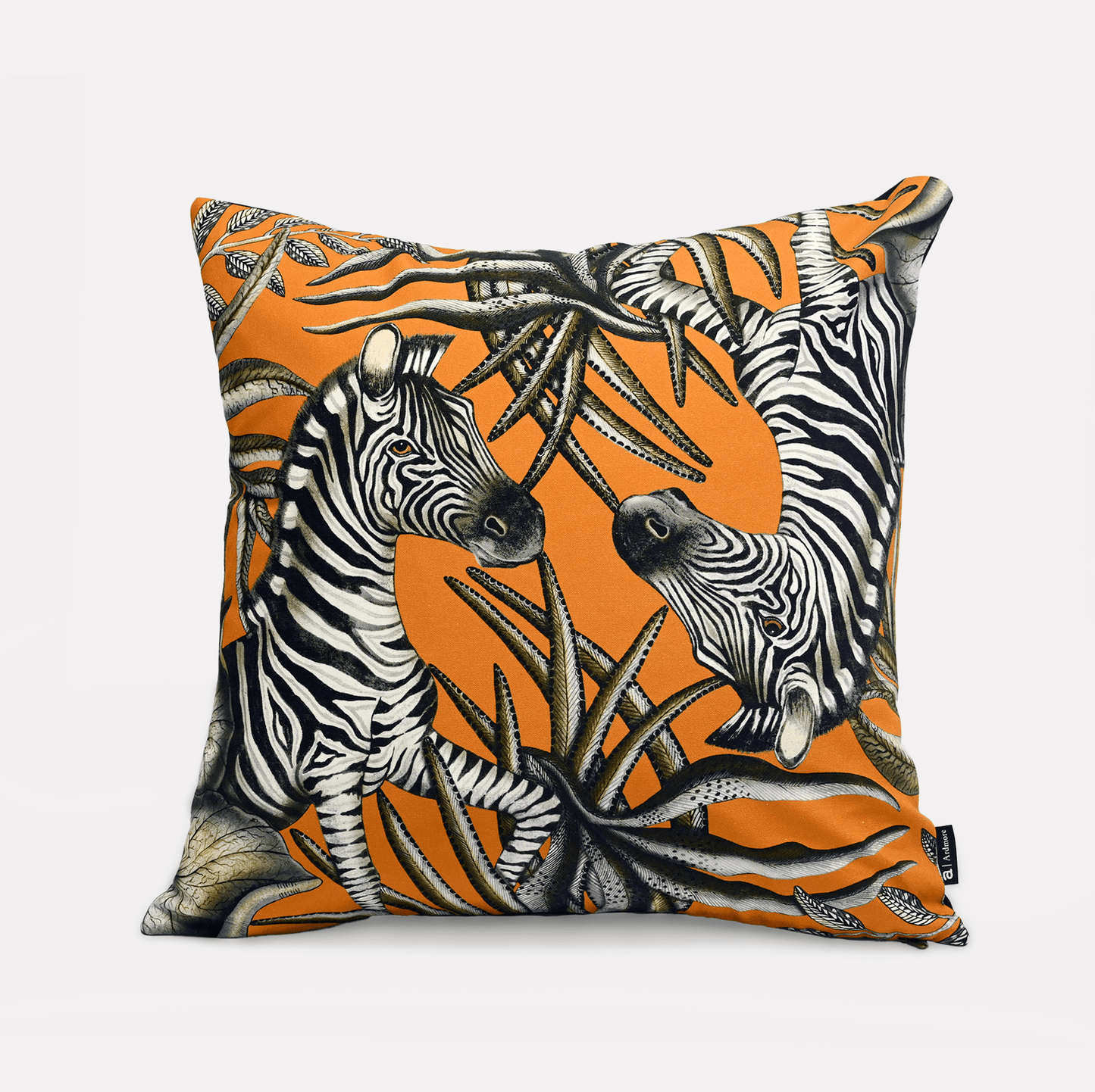 Front view of the Thanda Stripe Flame Cotton Cushion Cover, featuring a vibrant zebra motif against an eye-catching orange background, complemented by African-inspired foliage.
