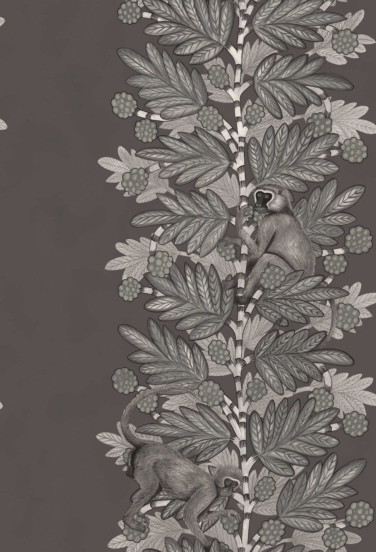 A dramatic deep-grey rendition of the wallpaper, enhancing the intricate detailing of tree and monkey motifs for a bold, statement look.