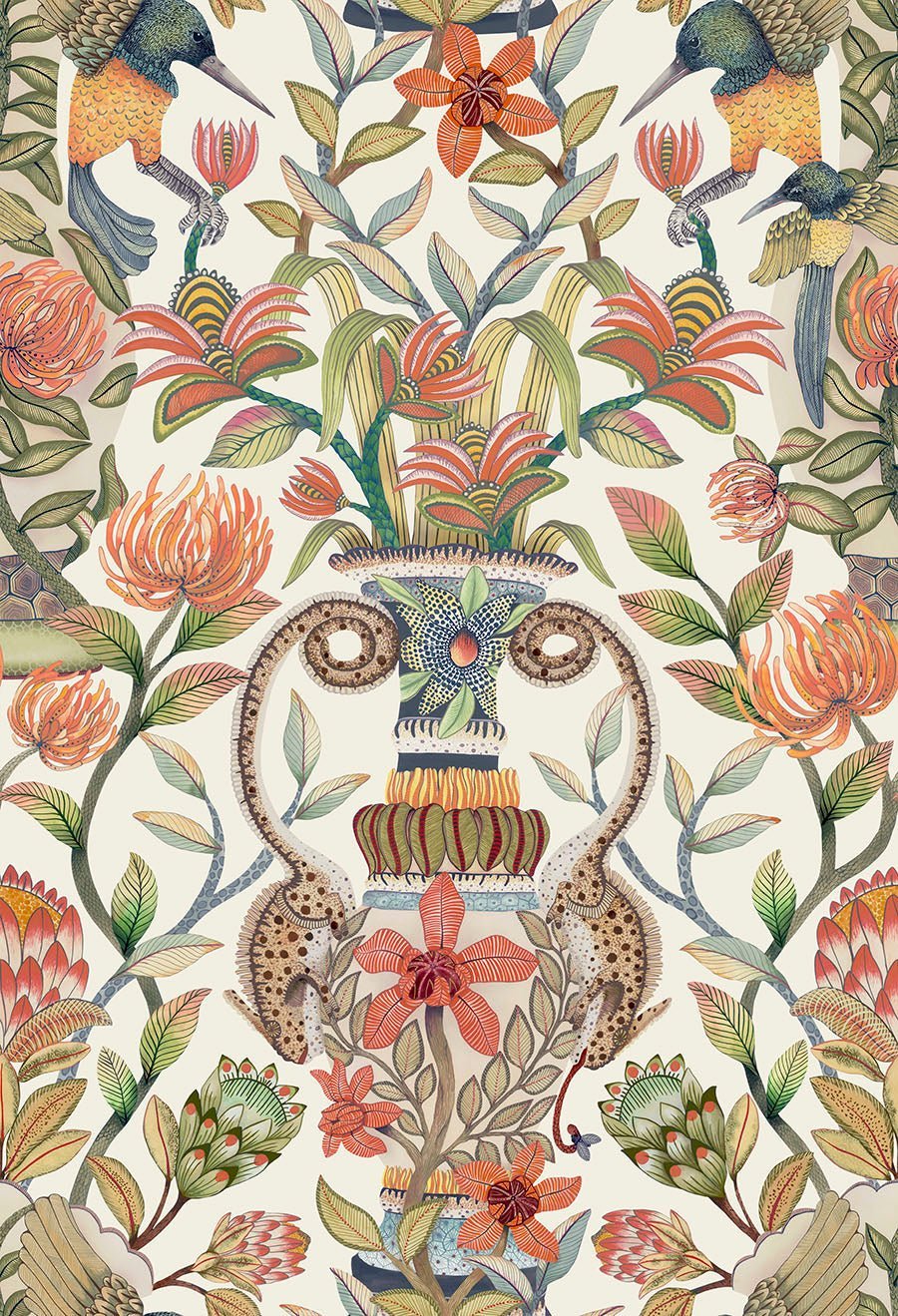 A bold, darker-toned variation of the wallpaper, intensifying the contrast between the fiery floral elements and the deep, moody background.