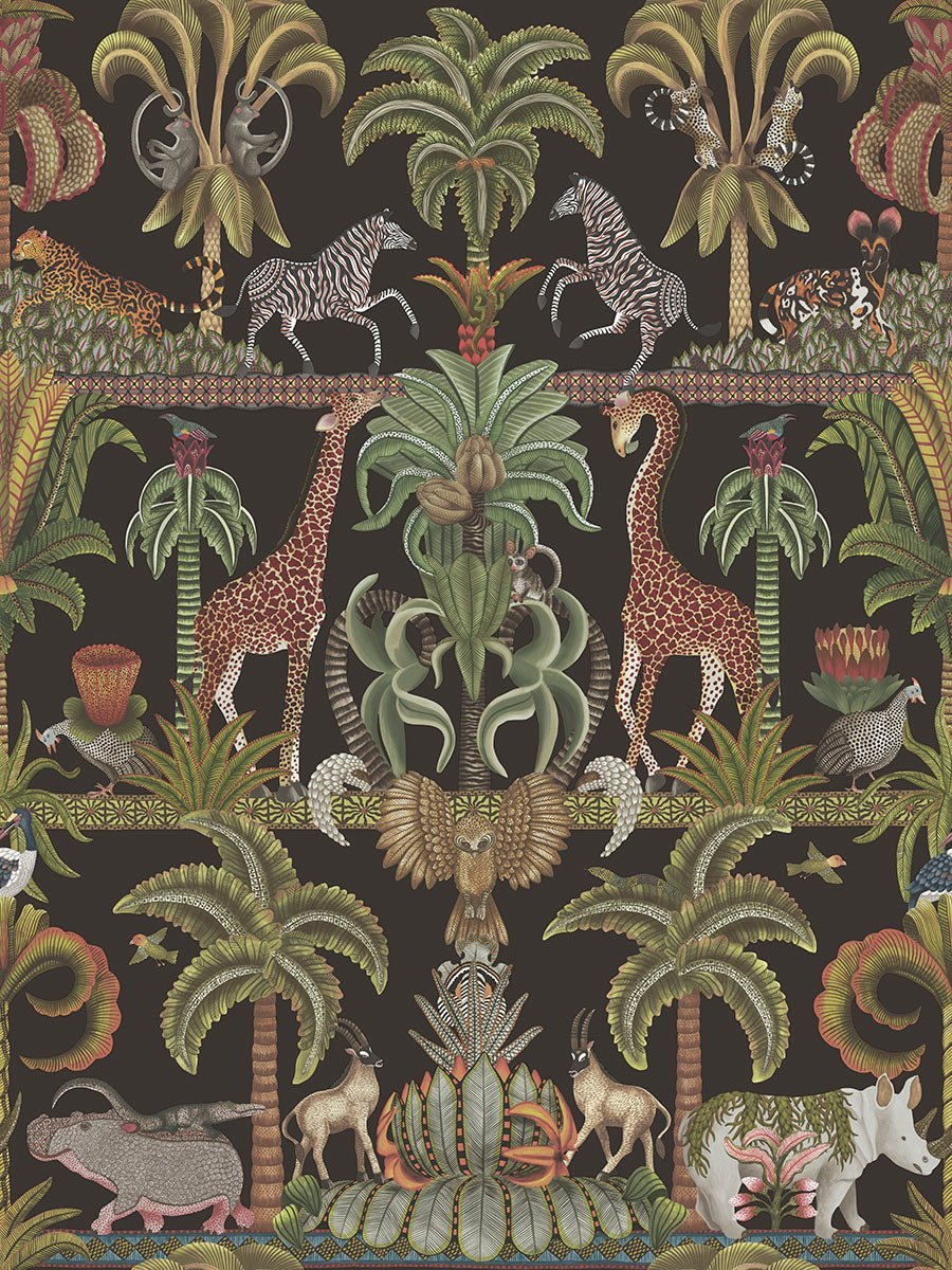 A tropical-inspired version of the wallpaper, with flourishing palms and detailed wildlife elements.