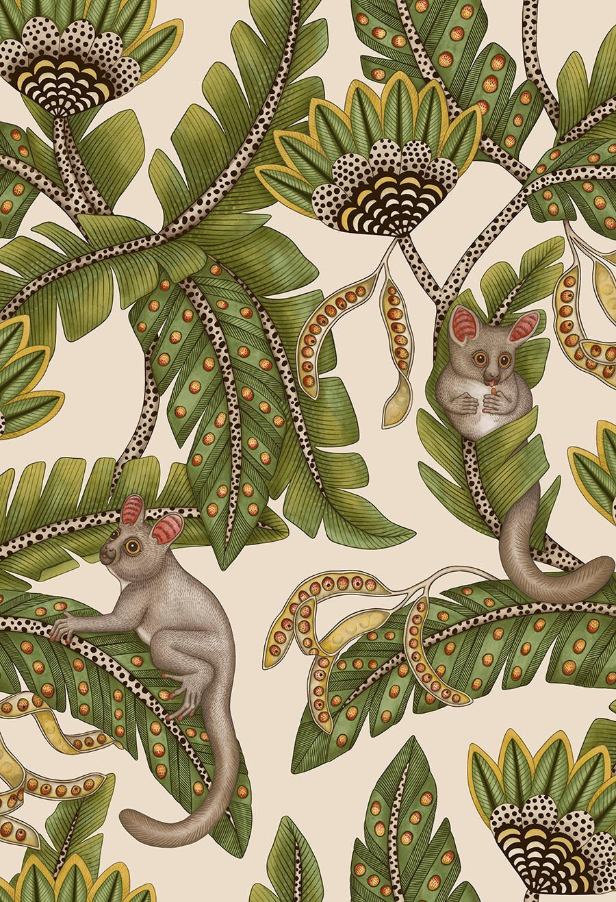 A sample of the wallpaper in deep rainforest green, accentuating the intricate detailing of its wildlife motifs.