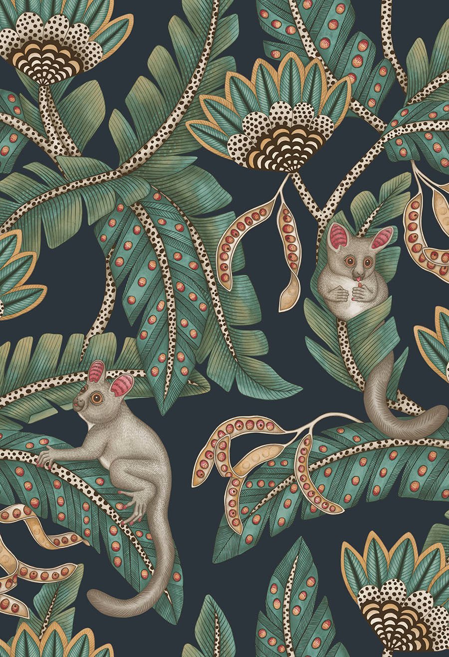 A neutral-toned version of the wallpaper, offering a softer, more understated take on the Bush Baby design.