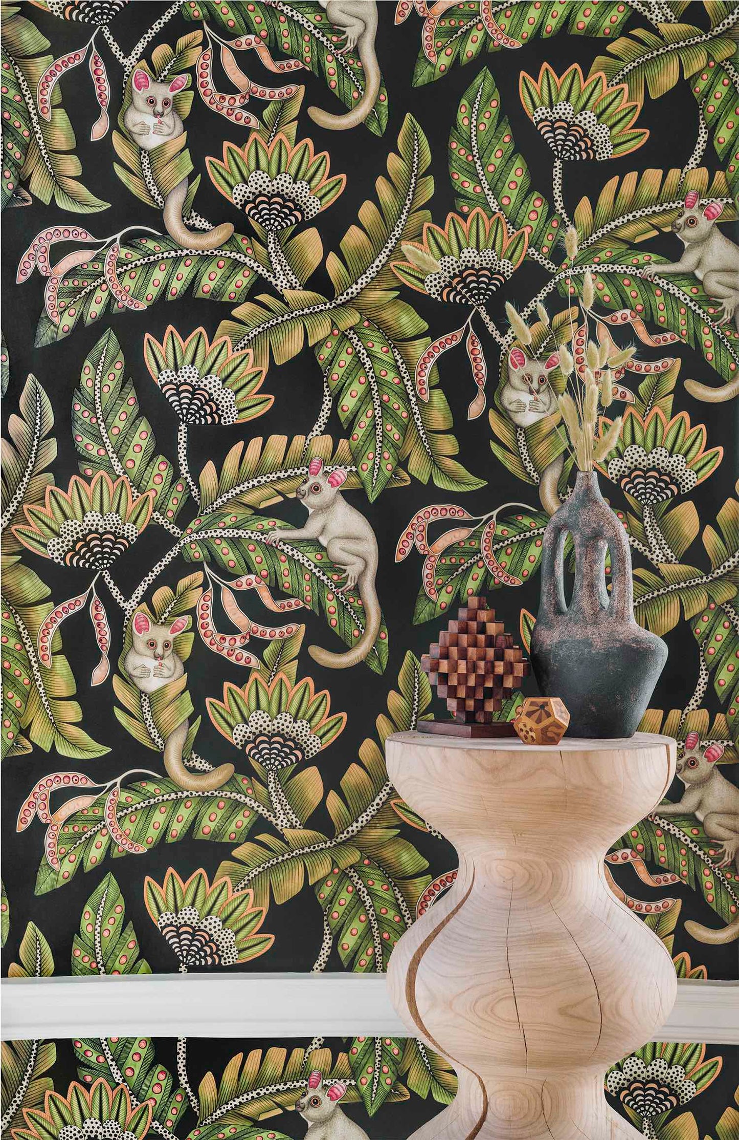 A vertical full-length panel showcasing the intricate design of lush foliage and playful bush babies.