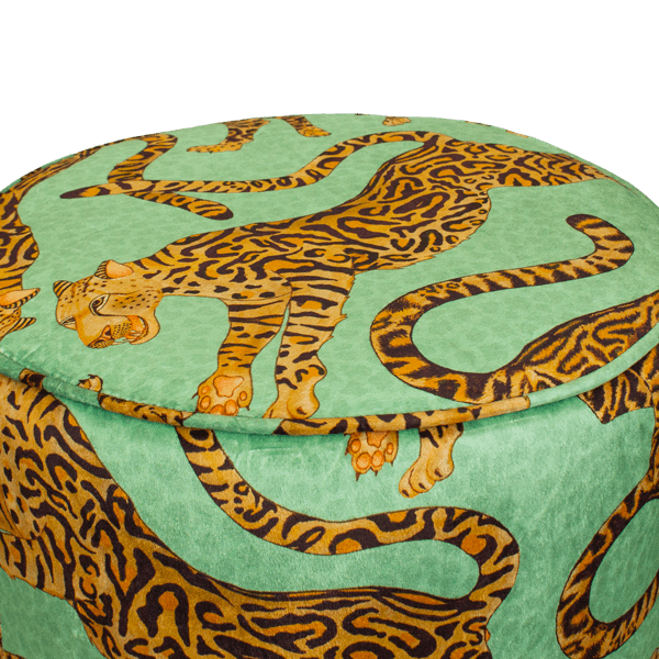 Close-up of the Ardmore Cheetah Kings Jade Velvet Pouffe, showcasing the detailed golden cheetah embroidery on the luxurious jade velvet fabric, highlighting its African-inspired craftsmanship.