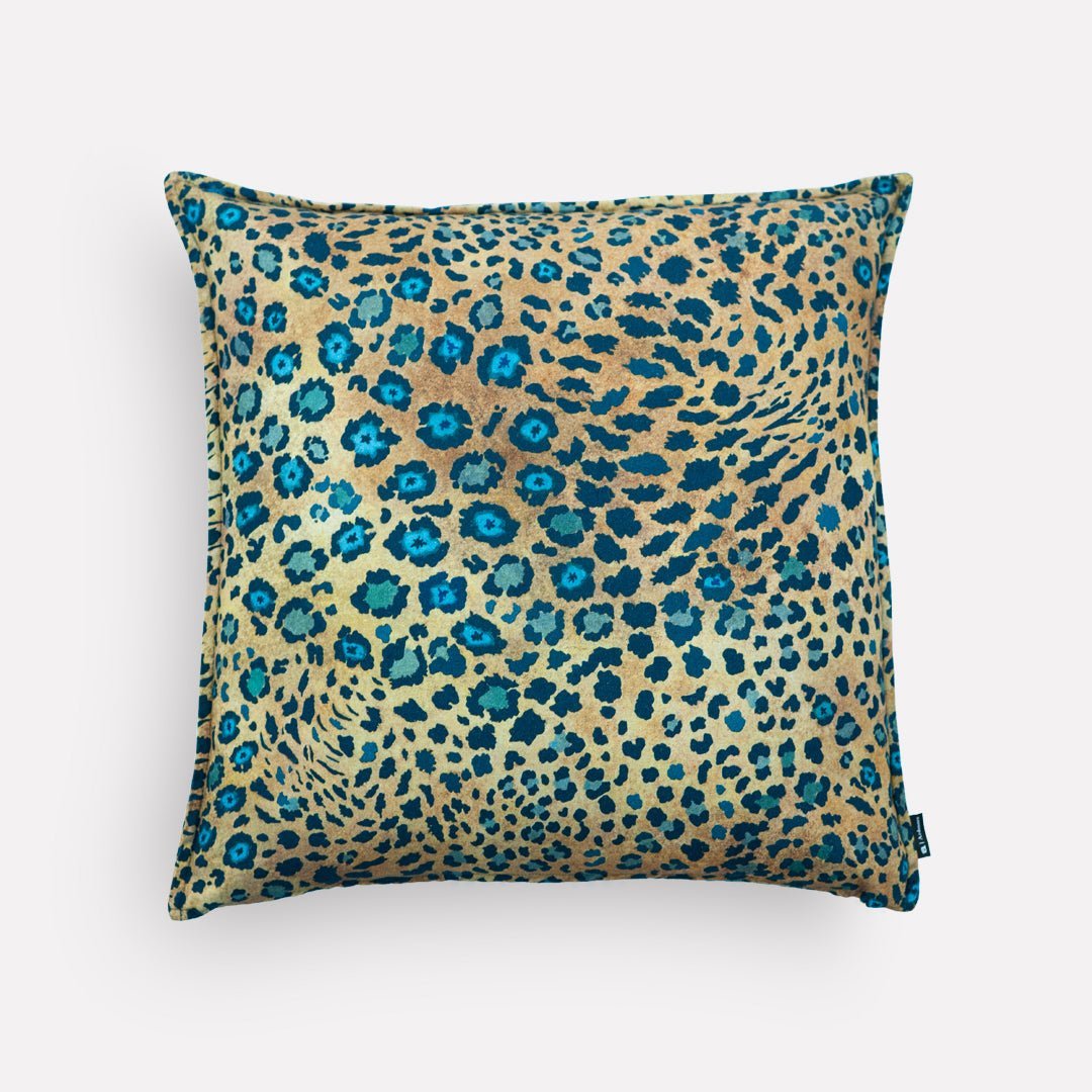 Front view of the Thanda Safari Spot Midnight Cushion Cover, featuring a bold leopard-print design in striking midnight blue tones.
