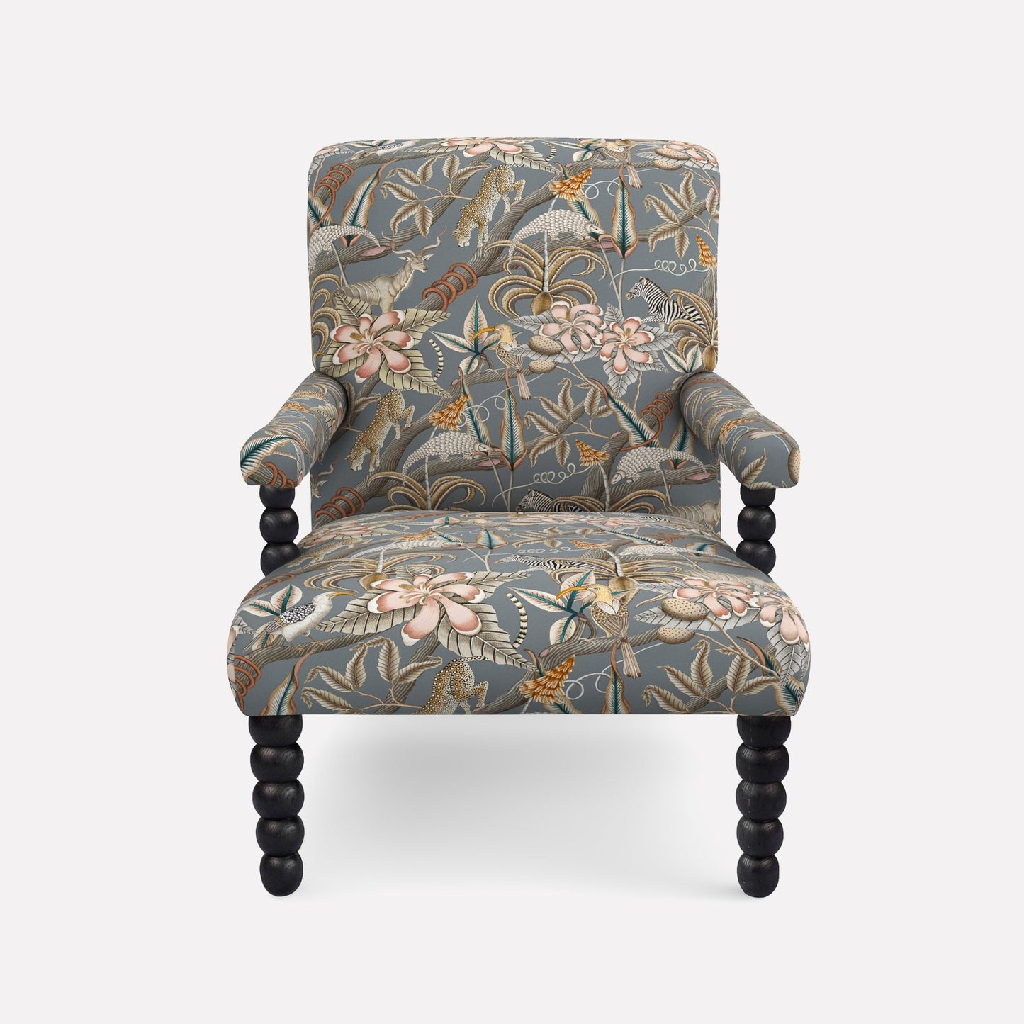 Ardmore Kudu Pod Chair in Pangolin Park Ash Linen, upholstered in a sophisticated grey and gold botanical print, featuring plush cushioning and black spindle legs, merging African artistry with modern luxury.