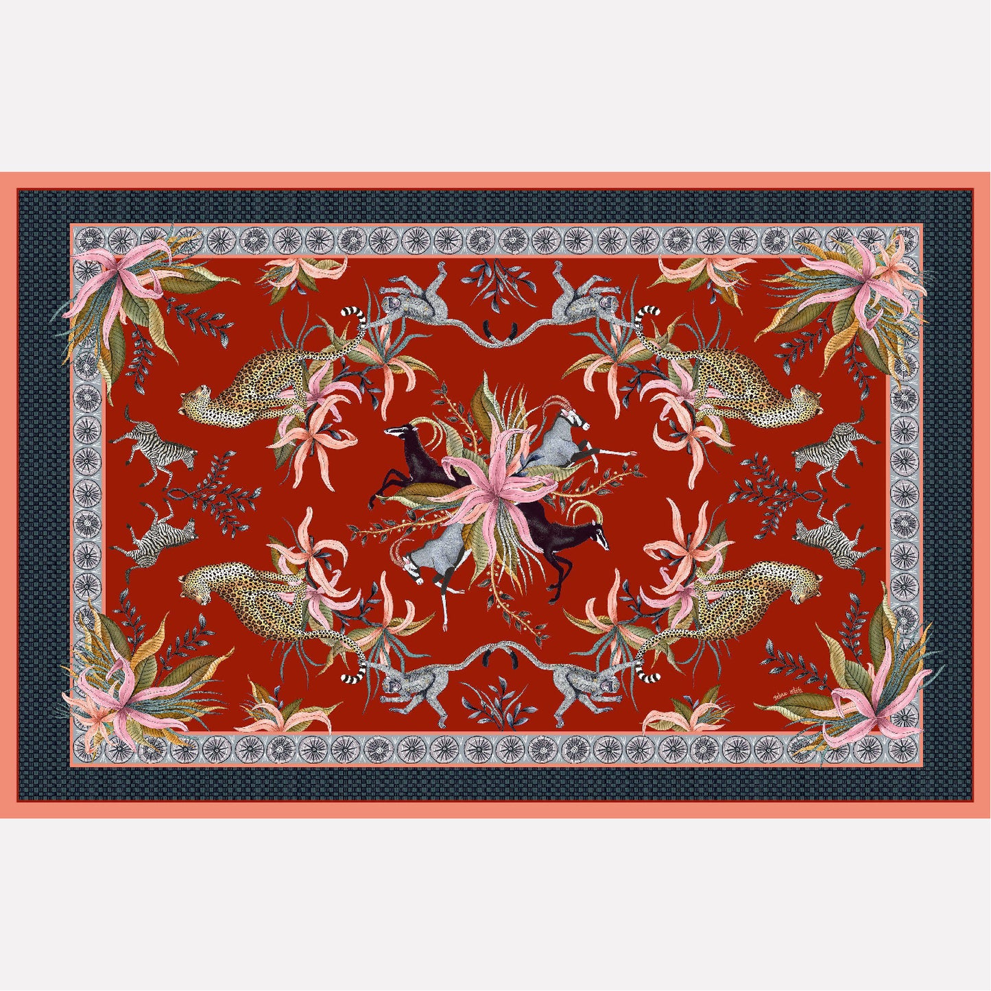 A flat lay of the Leopard Lily Tablecloth in Royal Red, featuring a rich red background with an intricate tapestry of leopards, zebras, and florals.