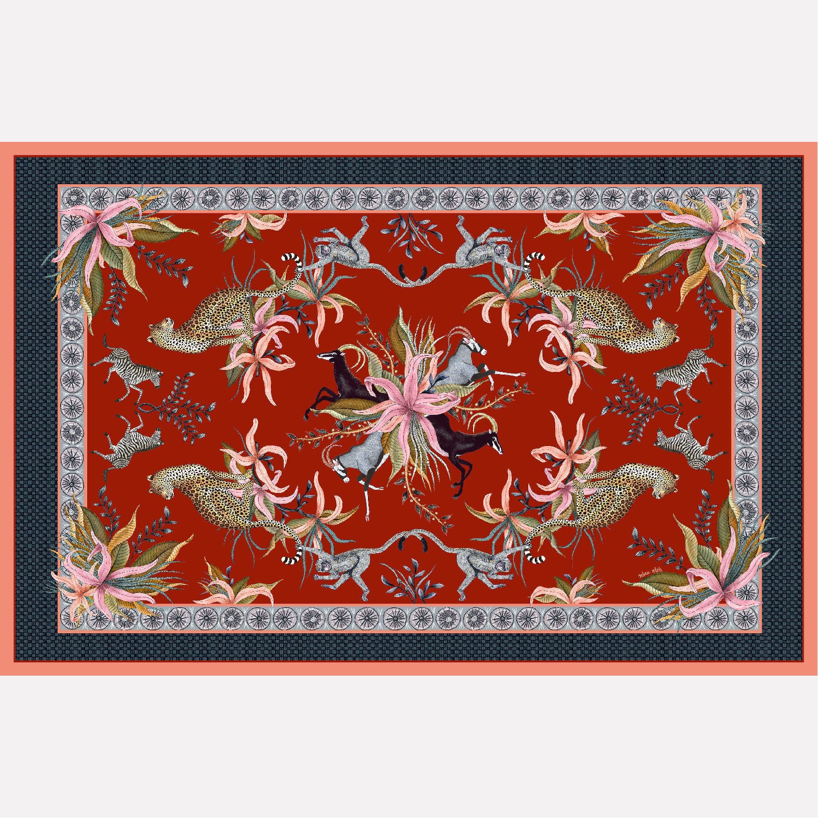 A flat lay of the Leopard Lily Tablecloth in Royal Red, featuring a rich red background with an intricate tapestry of leopards, zebras, and florals.