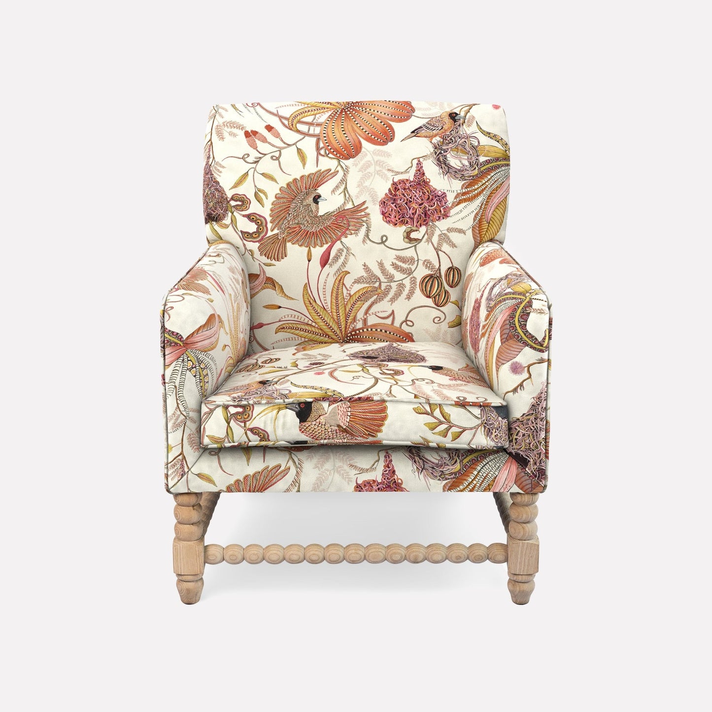 The Ardmore Lucky Bean Chair, adorned in Thanda Nests Plum Linen, features a rich botanical print in earthy tones, exuding a blend of African artistry and timeless elegance. With its curved silhouette, plush upholstery, and sturdy wooden legs, this chair offers both supreme comfort and a refined aesthetic.