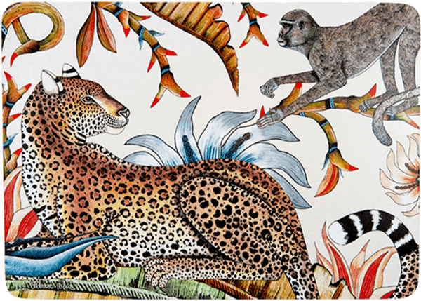 A detailed close-up of the leopard and monkey interacting amidst botanical elements, highlighting the fine artistry and rich colour palette of the design.