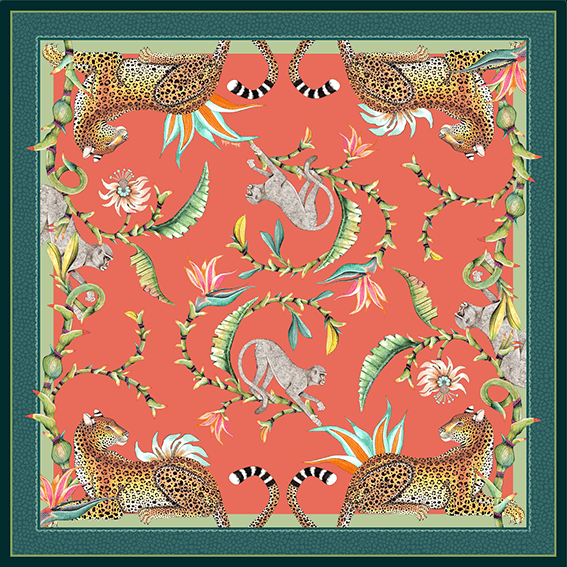 A square view of the Monkey Paradise Square Tablecloth in Coral, displaying its vibrant design with monkeys, leopards, and exotic florals.