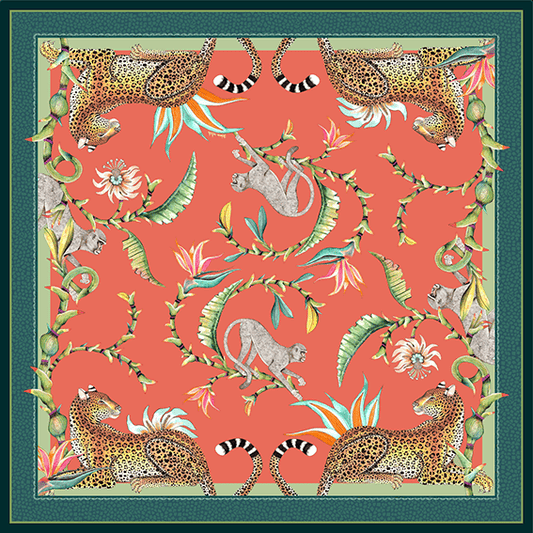 A square view of the Monkey Paradise Square Tablecloth in Coral, displaying its vibrant design with monkeys, leopards, and exotic florals.