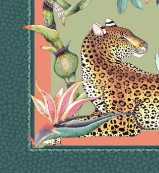 A detailed close-up of a leopard among exotic flowers and foliage on the tablecloth.