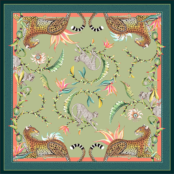 A square tablecloth with an intricate green design featuring leopards, monkeys, birds of paradise, and passion flowers, bordered by a decorative pattern.