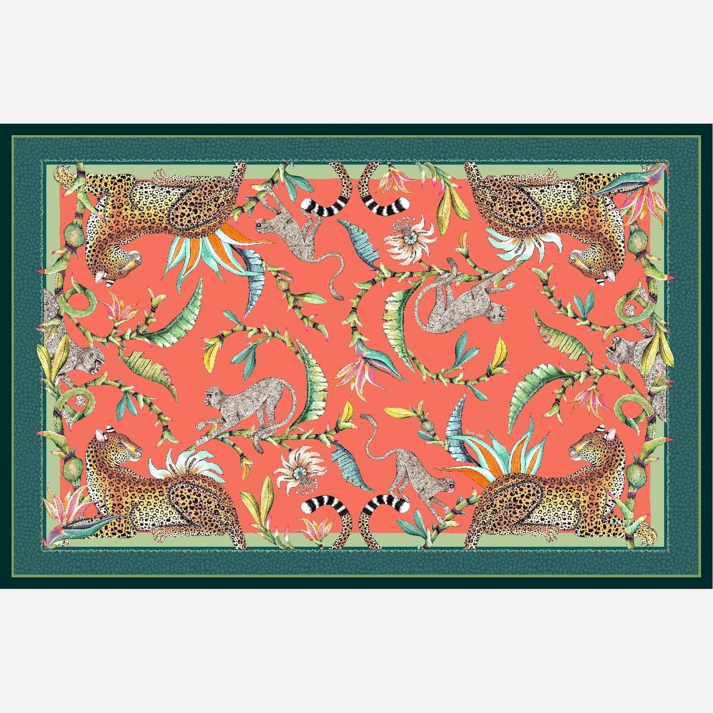 A flat lay of the Monkey Paradise Tablecloth in Coral, featuring a vibrant coral background with detailed illustrations of monkeys, leopards, passion flowers, and birds of paradise.