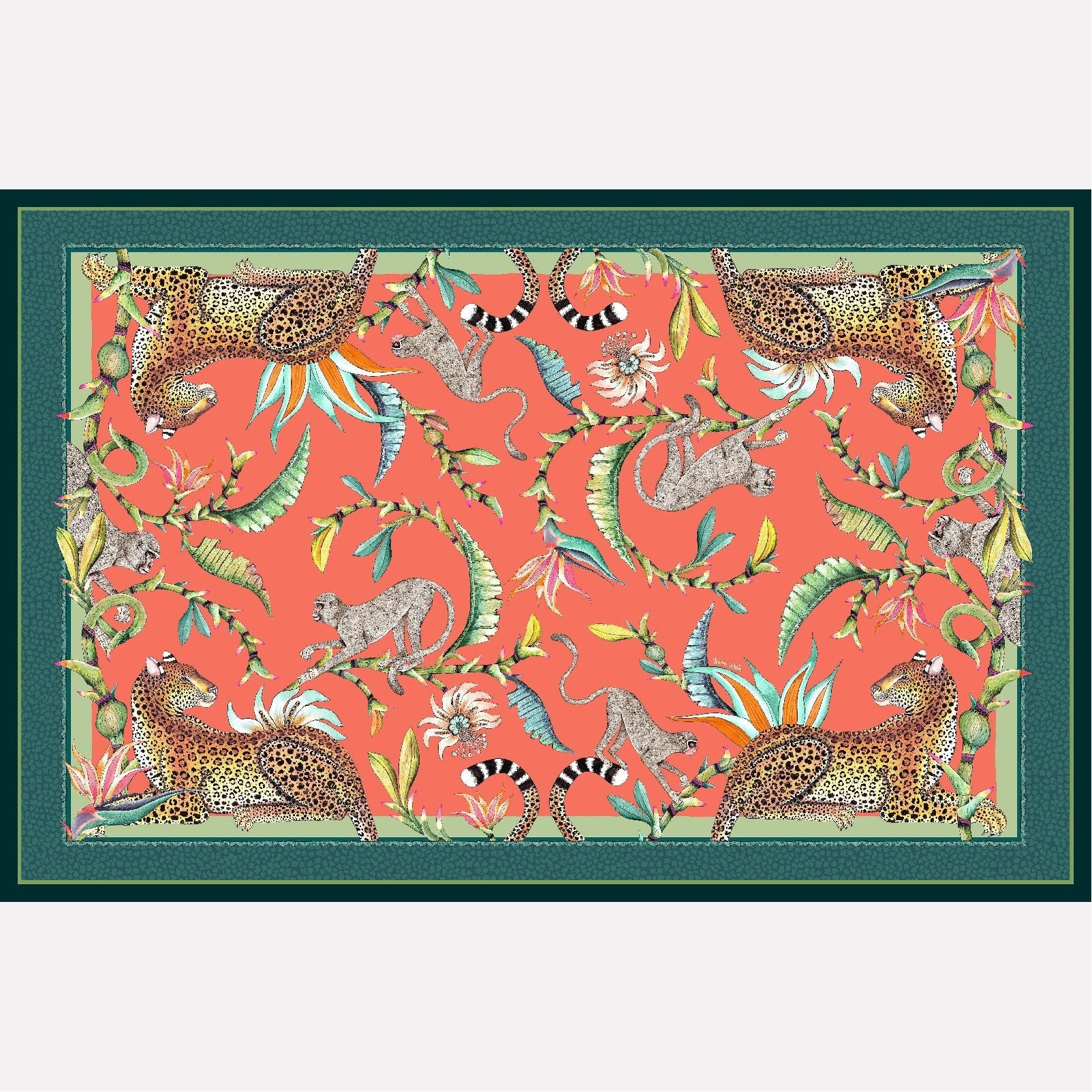 A flat lay of the Monkey Paradise Tablecloth in Coral, featuring a vibrant coral background with detailed illustrations of monkeys, leopards, passion flowers, and birds of paradise.