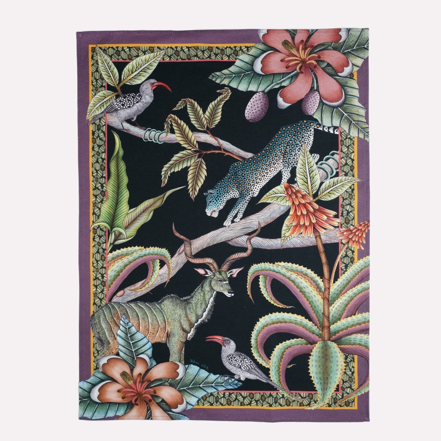 A richly detailed tea towel featuring an exotic safari-inspired design with hornbills, kudus, and leopards, set against a deep, dark background.