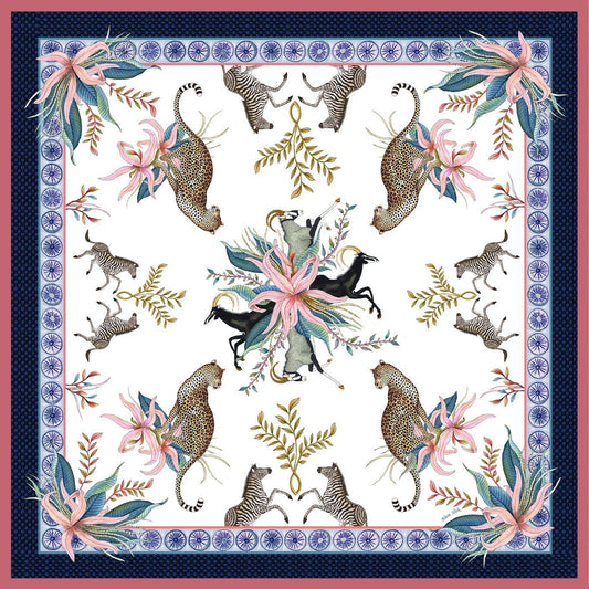A luxurious square tablecloth featuring a regal Leopard Lily design, showcasing sable, zebras, and leopards amidst intricate floral patterns, framed by a deep navy border.