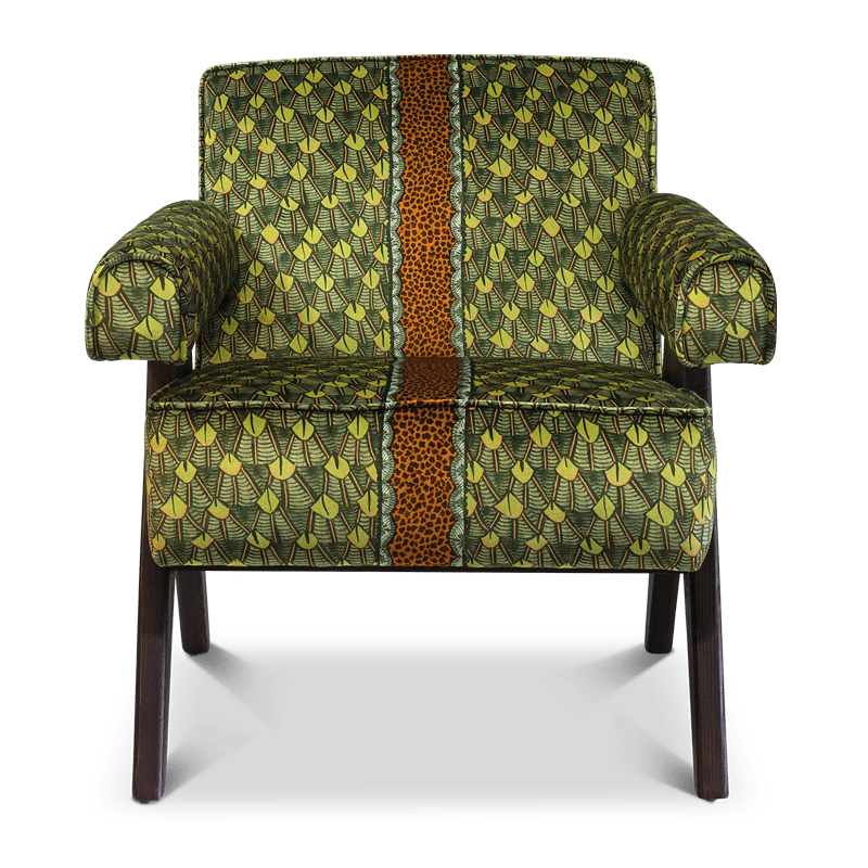 A full-frontal view of the Zambezi Feather River Green Occasional Chair, upholstered in a luxurious green velvet with an intricate African-inspired pattern and a bold central stripe.