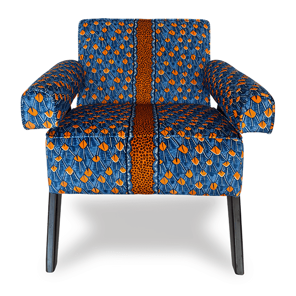 A straight-on shot of the Zambezi Feather Royal Occasional Chair, featuring its luxurious Feather Royal velvet upholstery with an intricate orange and blue pattern, accentuated by a bold vertical gold stripe down the centre.