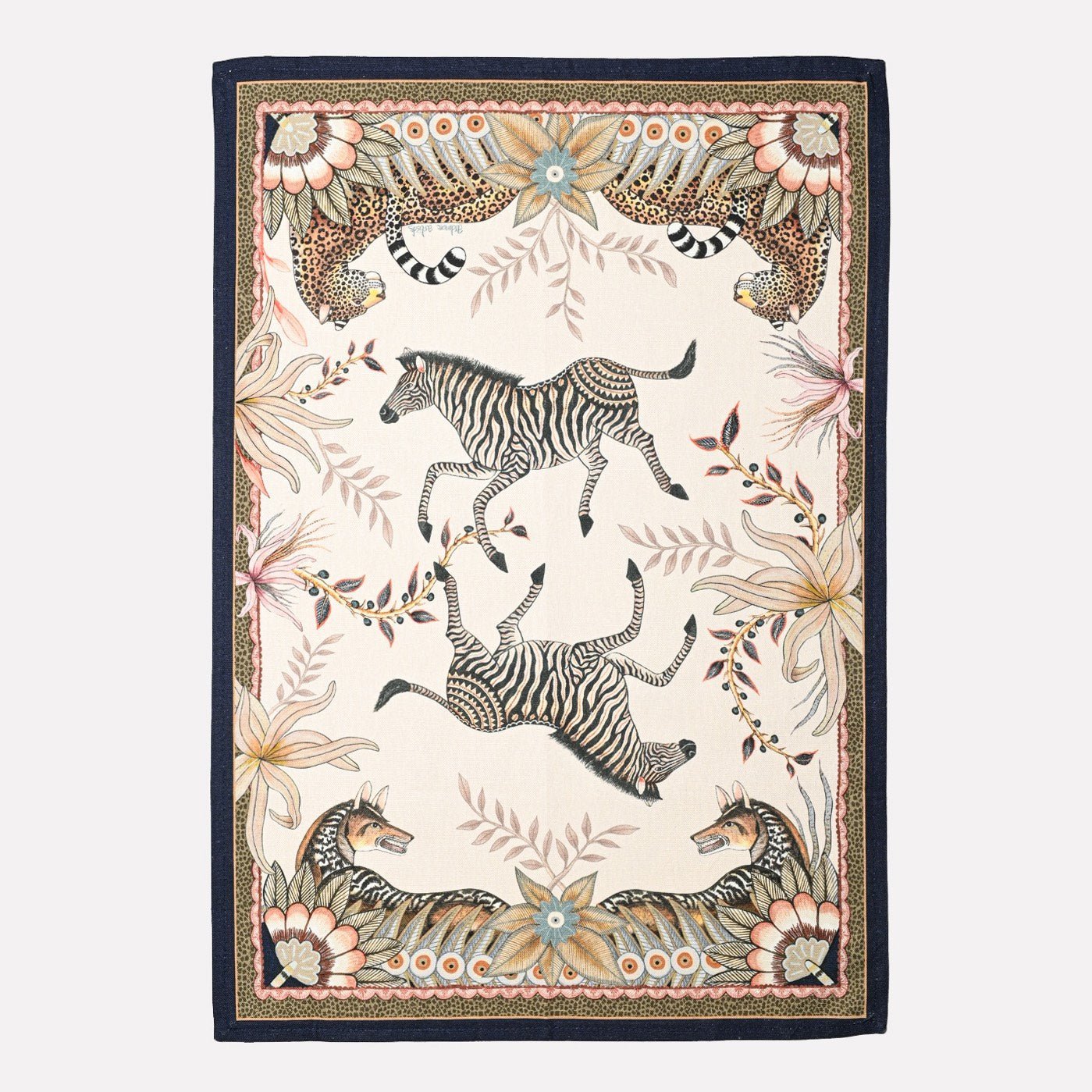 A luxurious tea towel featuring an intricate print of leopards and jackals roaming amidst African-inspired foliage, framed by an elegant patterned border.