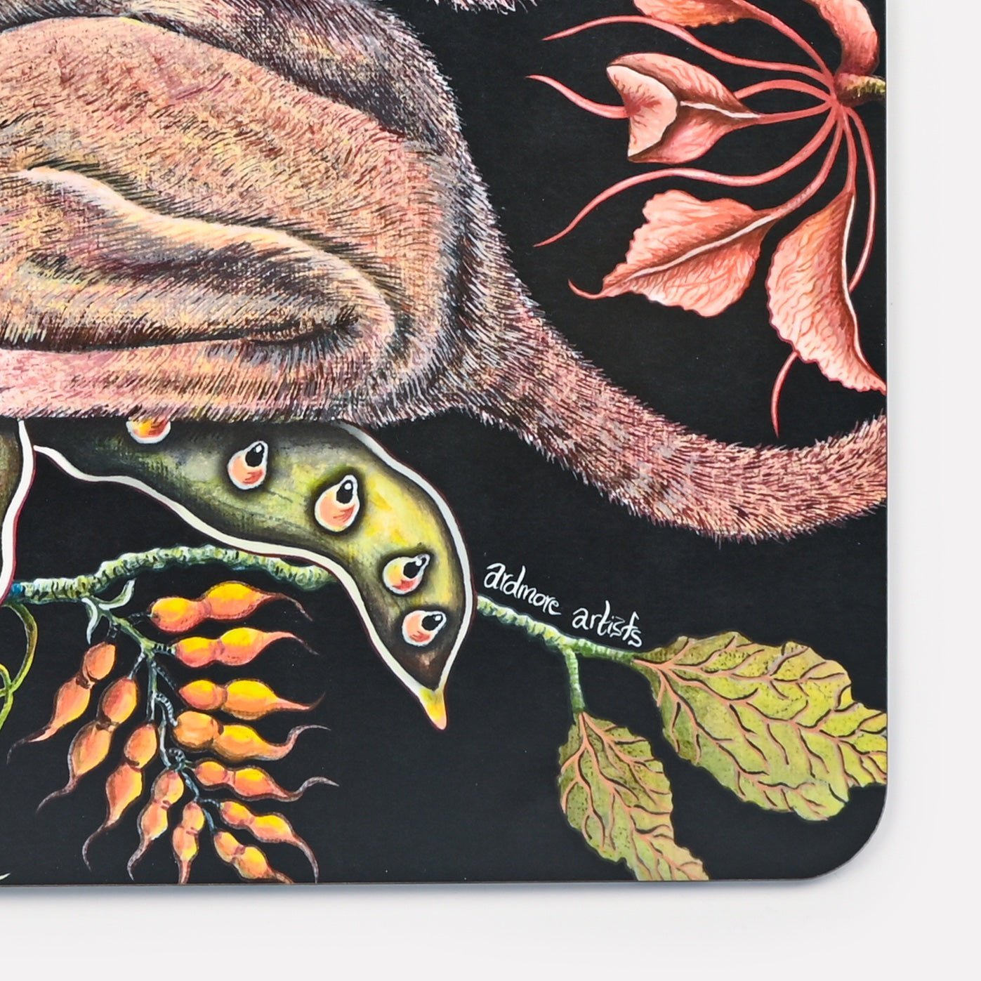A macro shot focusing on the bush baby’s tail, surrounding botanical elements, and delicate floral patterns, highlighting the rich textures and artistic craftsmanship.