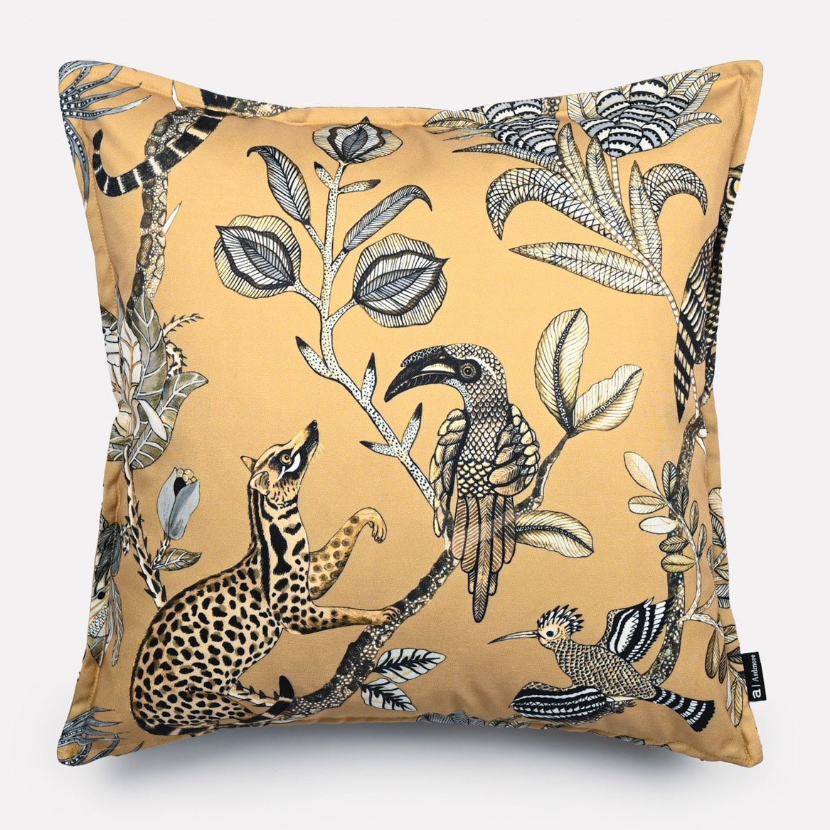 A luxurious 50x50cm cushion cover in golden yellow polyester, adorned with a detailed African wildlife print featuring exotic birds and botanical elements.