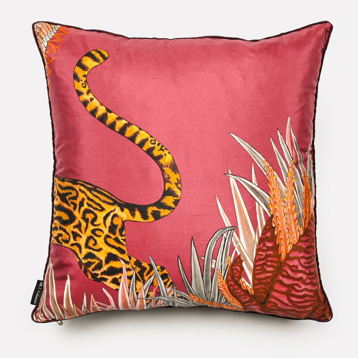 Back view of the Cheetah Kings Forest Plum Silk cushion cover showing the cheetah's tail in a minimalist plum silk design.