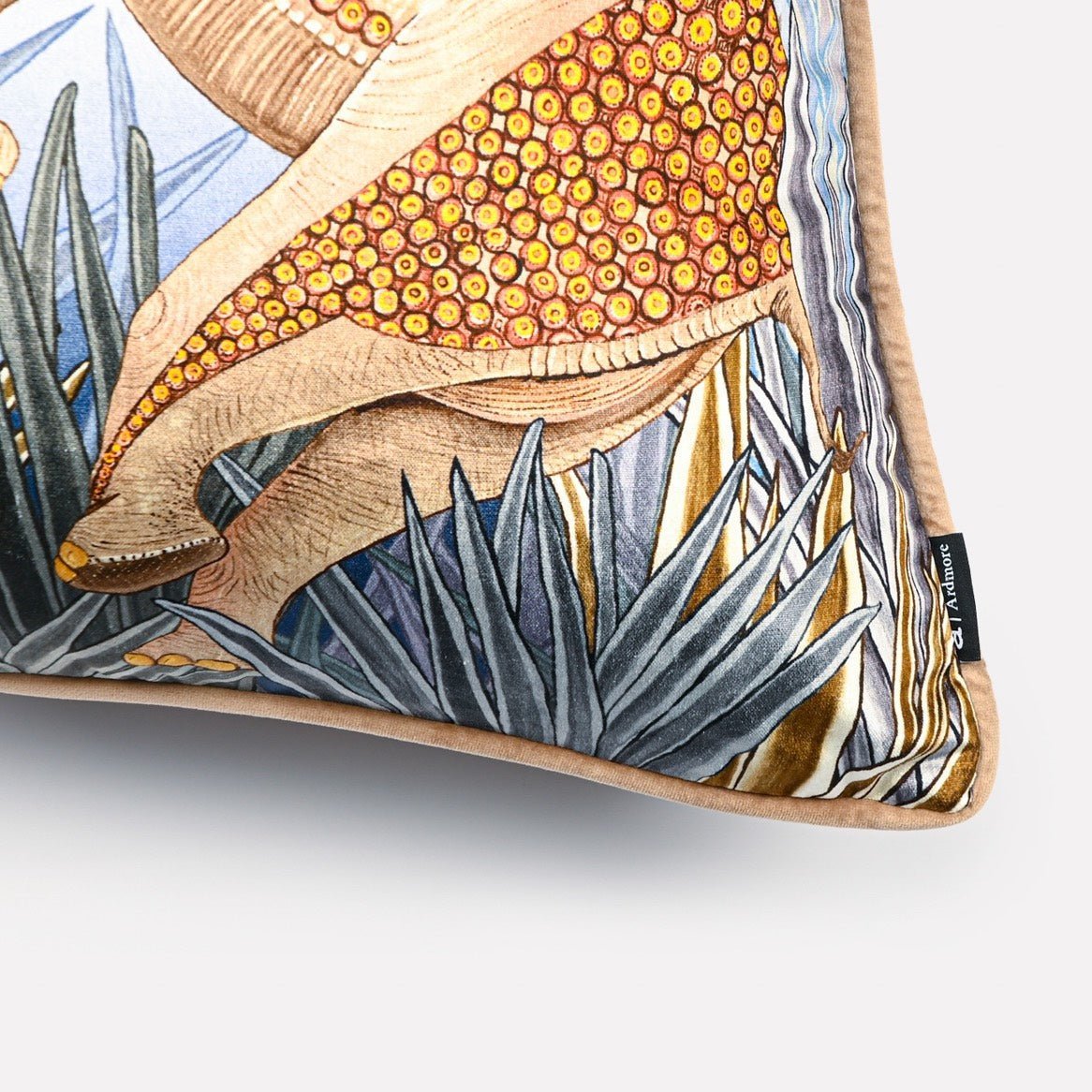 Angled close-up of the Dancing Elephant Mist cushion cover, highlighting the textured details of the elephants and the delicate misty landscape depicted on the velvet fabric.